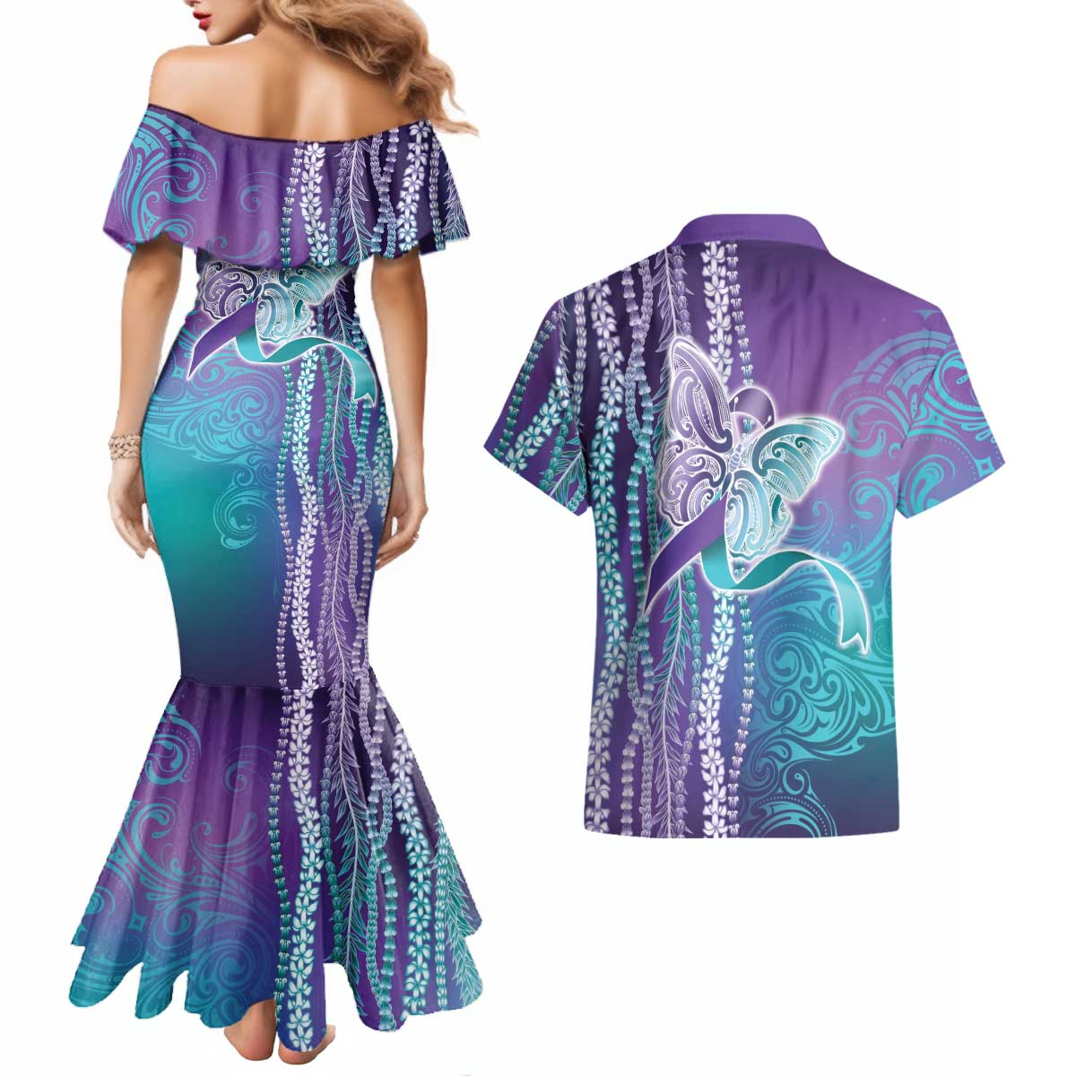 Suicide Prevention Awareness Couples Matching Mermaid Dress and Hawaiian Shirt Maile Pikake Lokelani Crown Flower Lei Inspired