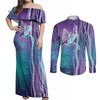 Suicide Prevention Awareness Couples Matching Off Shoulder Maxi Dress and Long Sleeve Button Shirt Maile Pikake Lokelani Crown Flower Lei Inspired LT9 Multicolor - Polynesian Pride
