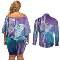 Suicide Prevention Awareness Couples Matching Off Shoulder Short Dress and Long Sleeve Button Shirt Maile Pikake Lokelani Crown Flower Lei Inspired LT9 - Polynesian Pride