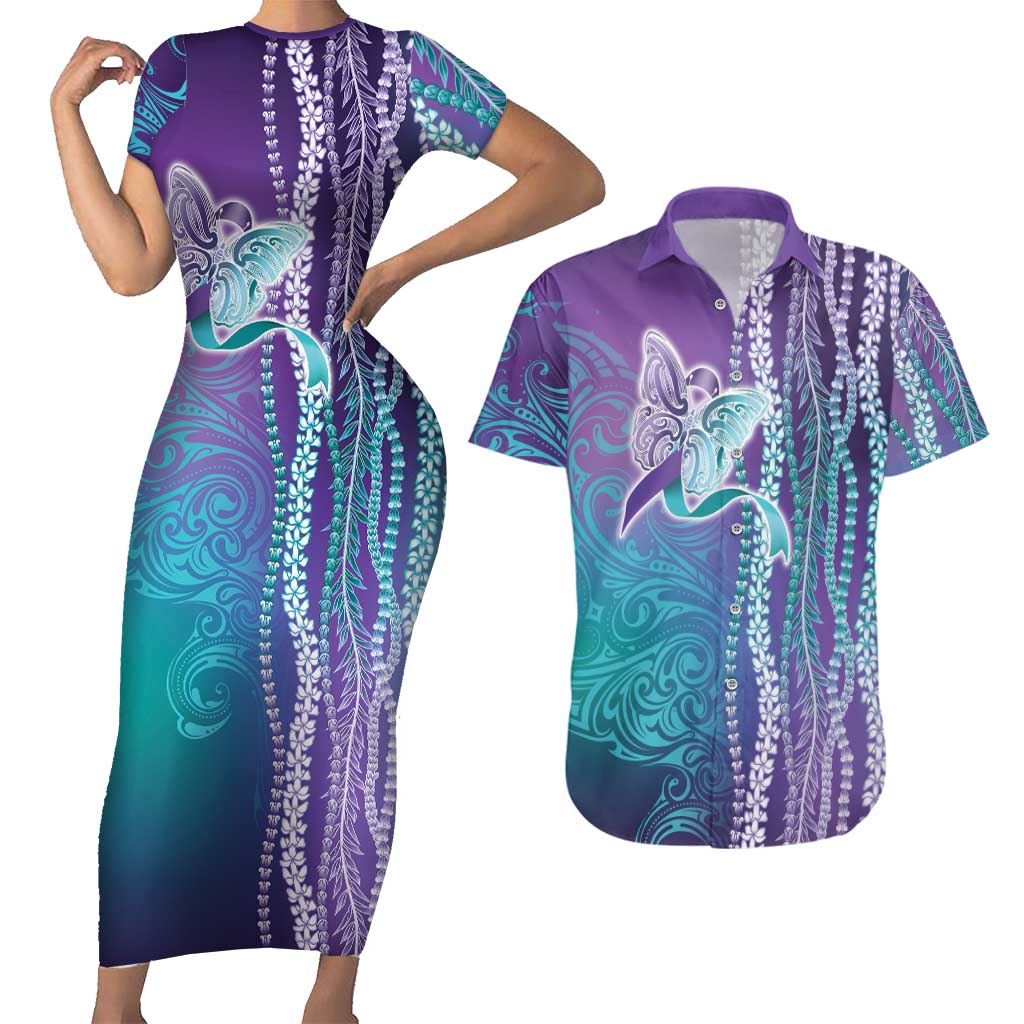 Suicide Prevention Awareness Couples Matching Short Sleeve Bodycon Dress and Hawaiian Shirt Maile Pikake Lokelani Crown Flower Lei Inspired