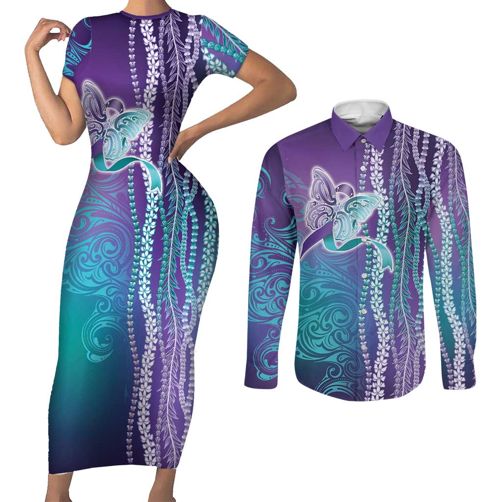 Suicide Prevention Awareness Couples Matching Short Sleeve Bodycon Dress and Long Sleeve Button Shirt Maile Pikake Lokelani Crown Flower Lei Inspired LT9 Multicolor - Polynesian Pride