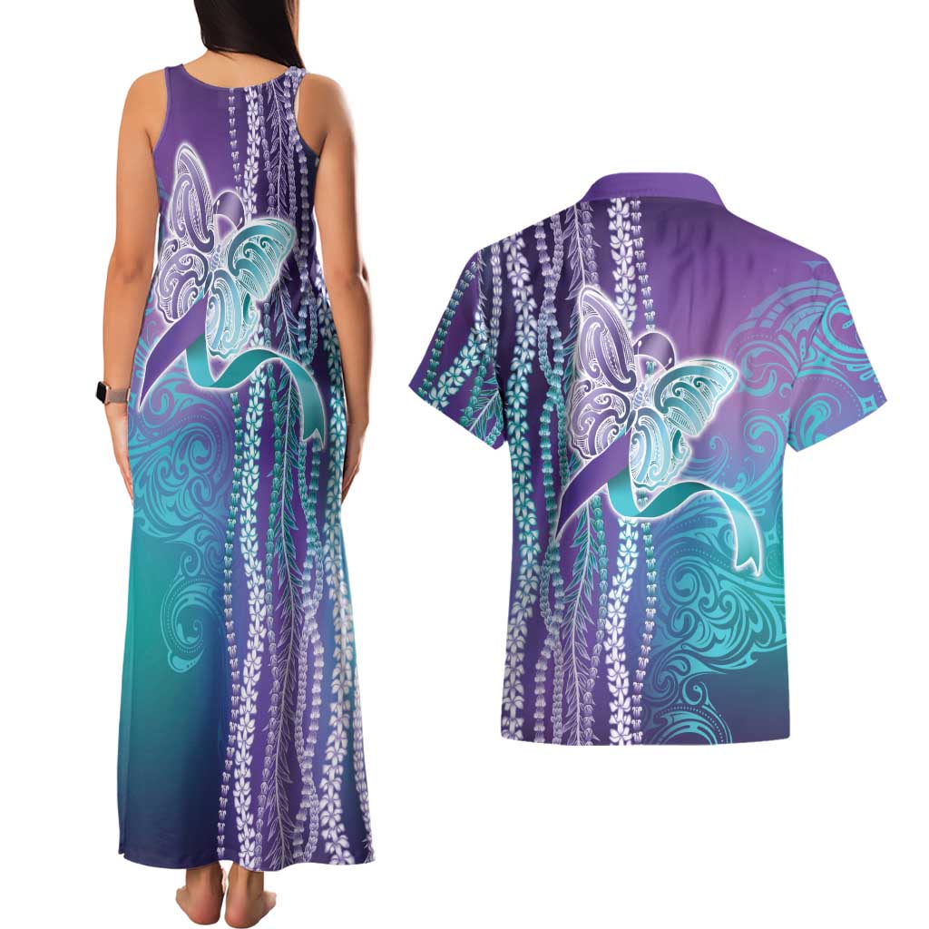 Suicide Prevention Awareness Couples Matching Tank Maxi Dress and Hawaiian Shirt Maile Pikake Lokelani Crown Flower Lei Inspired