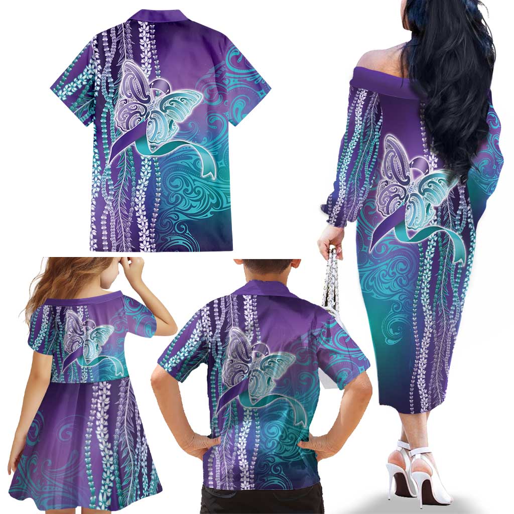 Suicide Prevention Awareness Family Matching Off The Shoulder Long Sleeve Dress and Hawaiian Shirt Maile Pikake Lokelani Crown Flower Lei Inspired LT9 - Polynesian Pride
