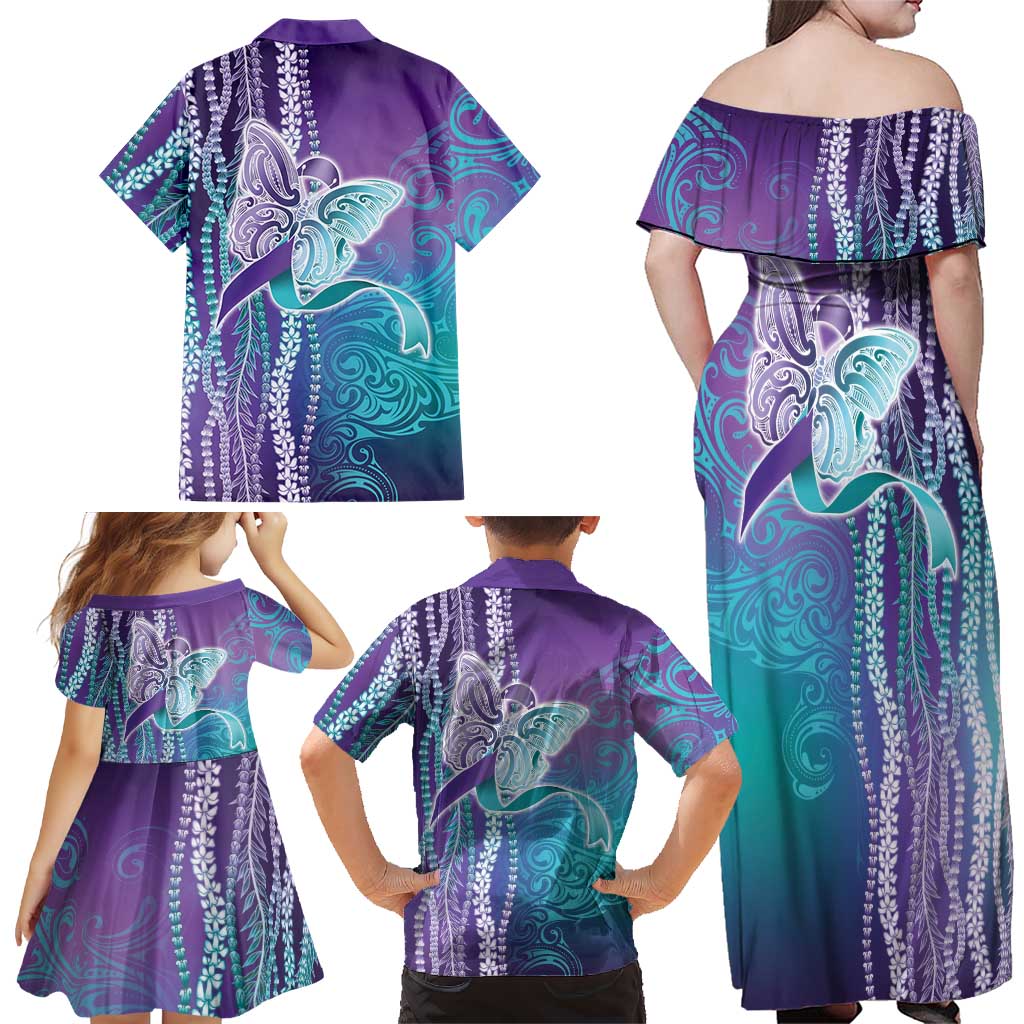 Suicide Prevention Awareness Family Matching Off Shoulder Maxi Dress and Hawaiian Shirt Maile Pikake Lokelani Crown Flower Lei Inspired LT9 - Polynesian Pride
