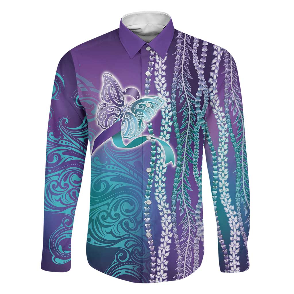 Suicide Prevention Awareness Family Matching Summer Maxi Dress and Hawaiian Shirt Maile Pikake Lokelani Crown Flower Lei Inspired LT9 Dad's Shirt - Long Sleeve Multicolor - Polynesian Pride