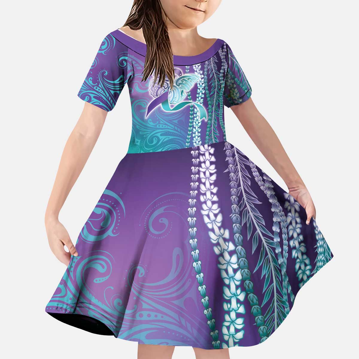 Suicide Prevention Awareness Kid Short Sleeve Dress Maile Pikake Lokelani Crown Flower Lei Inspired