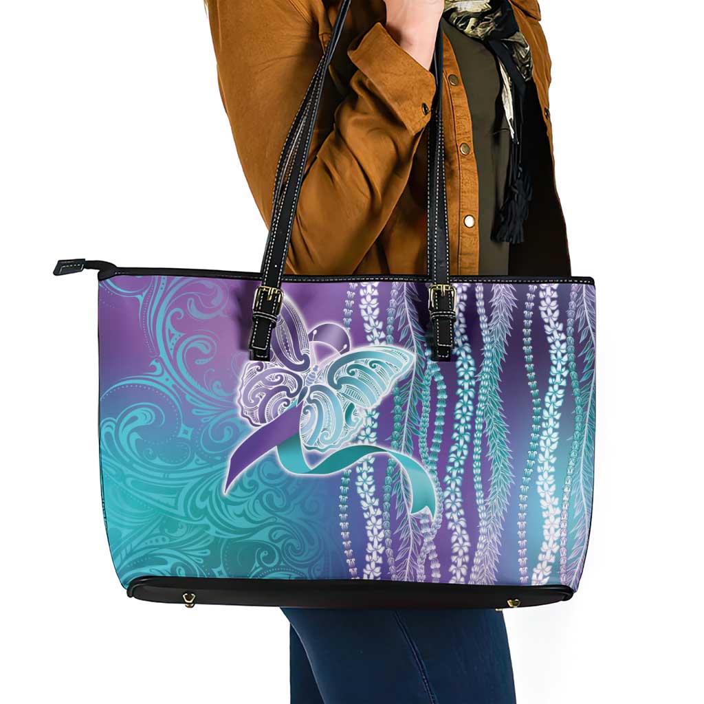 Suicide Prevention Awareness Leather Tote Bag Maile Pikake Lokelani Crown Flower Lei Inspired