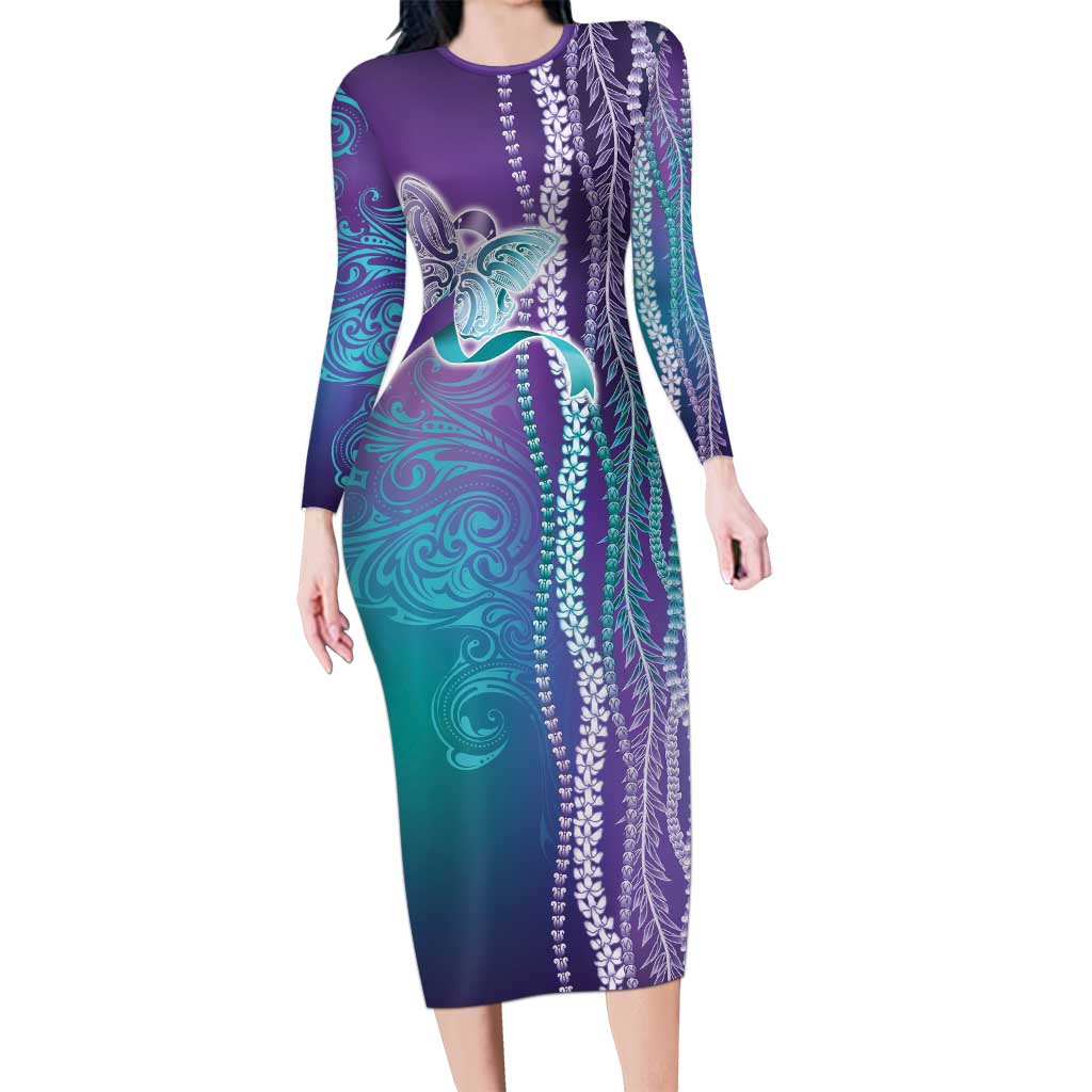Suicide Prevention Awareness Long Sleeve Bodycon Dress Maile Pikake Lokelani Crown Flower Lei Inspired LT9 Long Dress Multicolor - Polynesian Pride