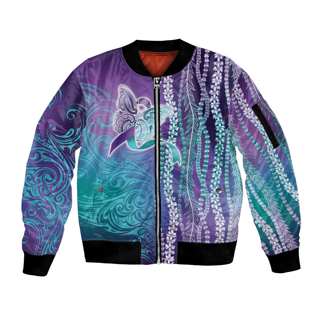 Suicide Prevention Awareness Sleeve Zip Bomber Jacket Maile Pikake Lokelani Crown Flower Lei Inspired LT9 Unisex Multicolor - Polynesian Pride