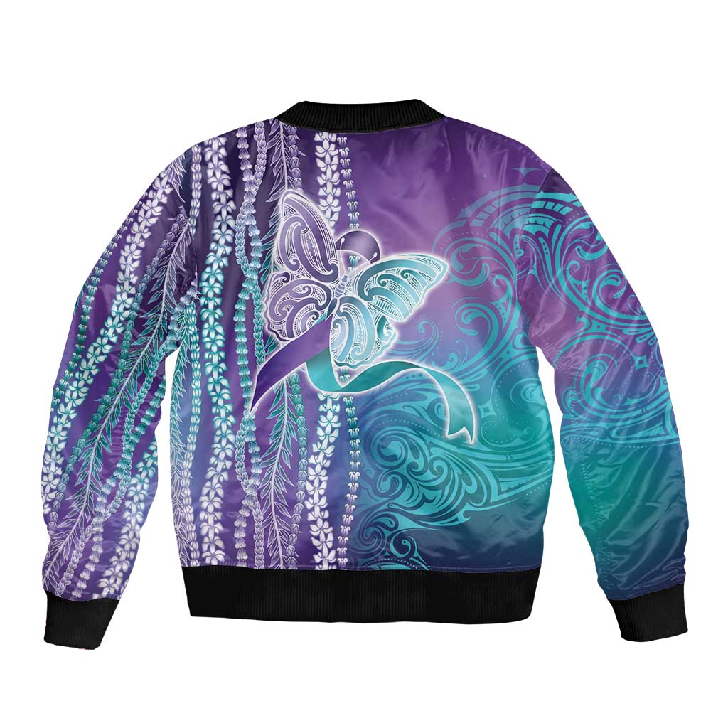 Suicide Prevention Awareness Sleeve Zip Bomber Jacket Maile Pikake Lokelani Crown Flower Lei Inspired LT9 - Polynesian Pride