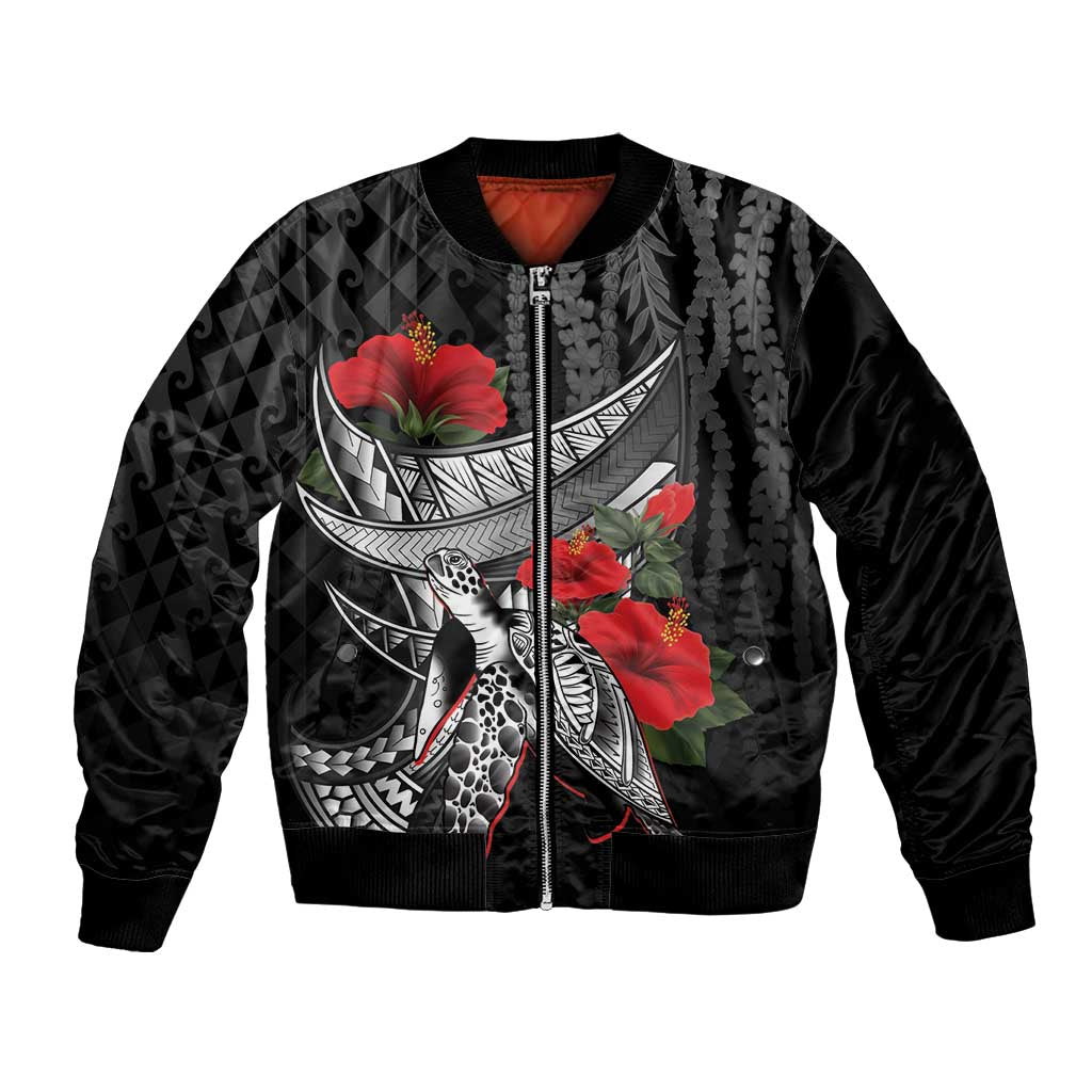 Hawaiian Honu Personalized Bomber Jacket Black Tribal Hook Pattern LT9 Unisex Black - Polynesian Pride
