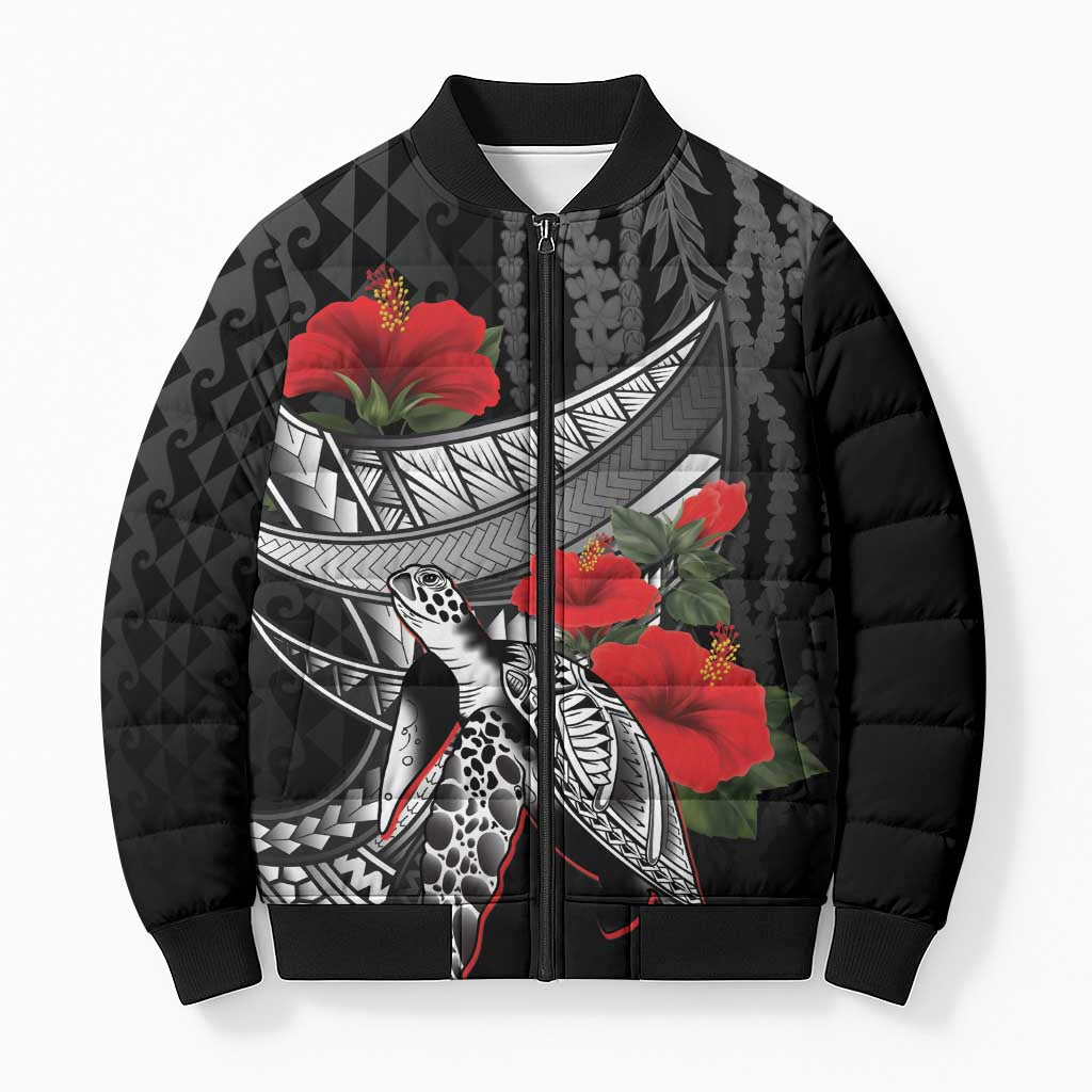Hawaiian Honu Personalized Bomber Puffer Jacket Black Tribal Hook Pattern