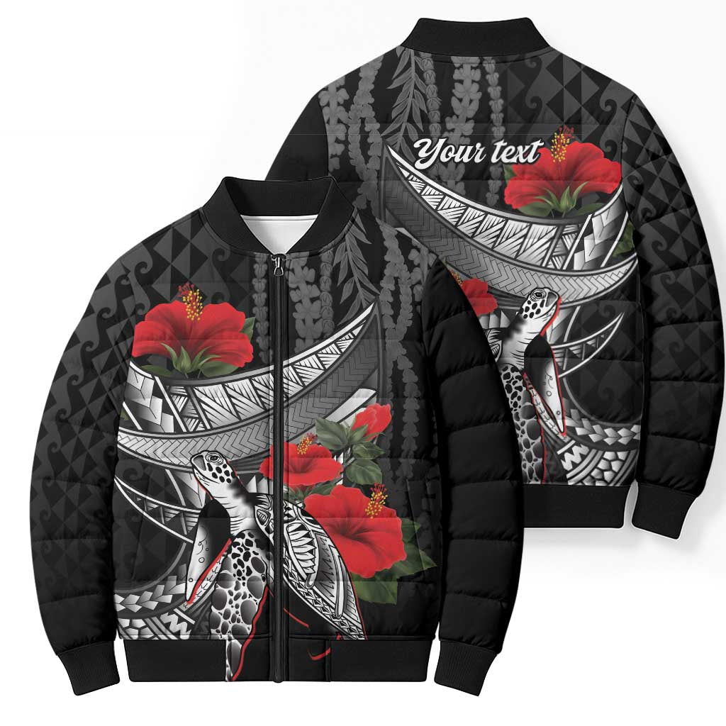 Hawaiian Honu Personalized Bomber Puffer Jacket Black Tribal Hook Pattern