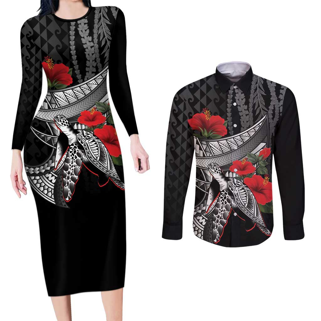 Hawaiian Honu Personalized Couples Matching Long Sleeve Bodycon Dress and Long Sleeve Button Shirt Black Tribal Hook Pattern LT9 Black - Polynesian Pride