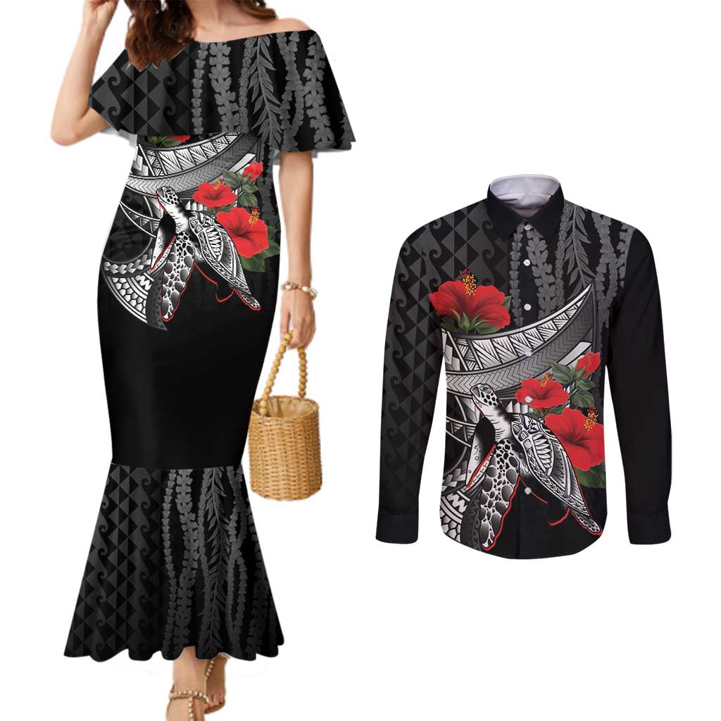 Hawaiian Honu Personalized Couples Matching Mermaid Dress and Long Sleeve Button Shirt Black Tribal Hook Pattern