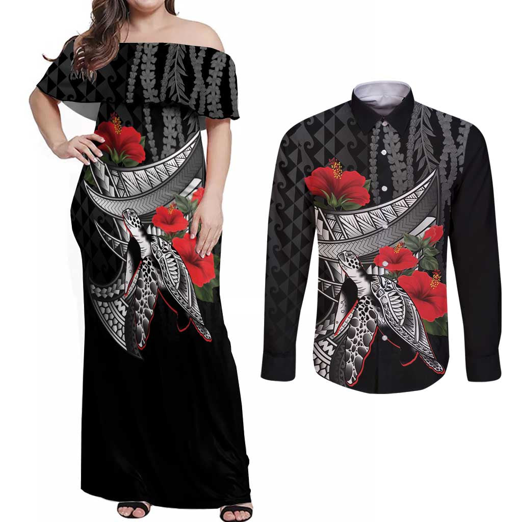 Hawaiian Honu Personalized Couples Matching Off Shoulder Maxi Dress and Long Sleeve Button Shirt Black Tribal Hook Pattern LT9 Black - Polynesian Pride