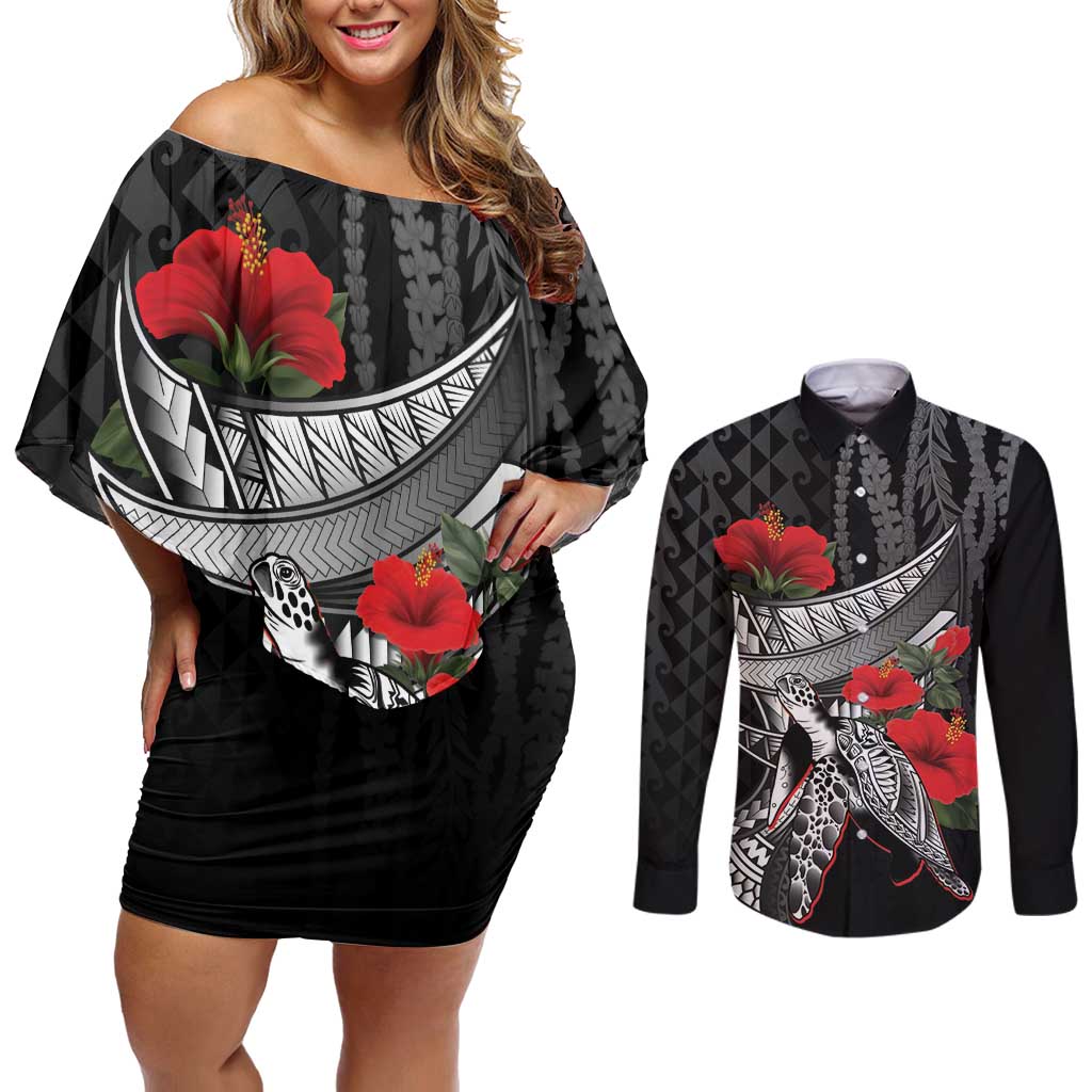 Hawaiian Honu Personalized Couples Matching Off Shoulder Short Dress and Long Sleeve Button Shirt Black Tribal Hook Pattern LT9 Black - Polynesian Pride