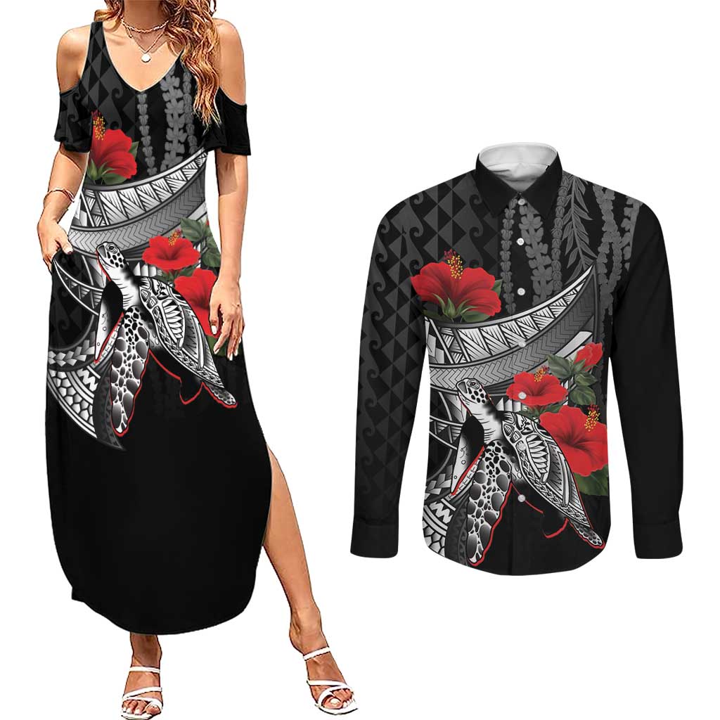 Hawaiian Honu Personalized Couples Matching Summer Maxi Dress and Long Sleeve Button Shirt Black Tribal Hook Pattern LT9 Black - Polynesian Pride
