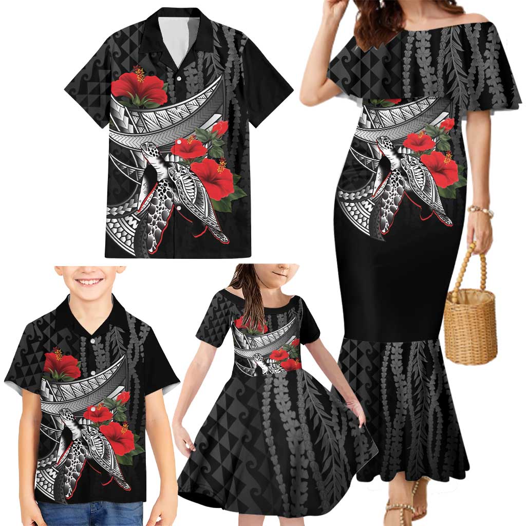 Hawaiian Honu Personalized Family Matching Mermaid Dress and Hawaiian Shirt Black Tribal Hook Pattern LT9 - Polynesian Pride