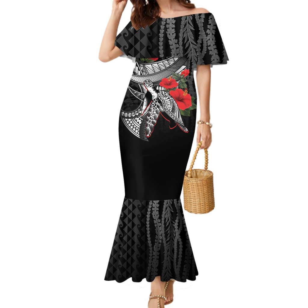 Hawaiian Honu Personalized Family Matching Mermaid Dress and Hawaiian Shirt Black Tribal Hook Pattern LT9 Mom's Dress Black - Polynesian Pride