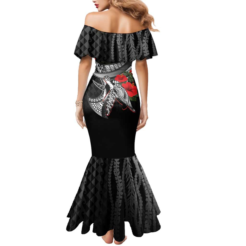 Hawaiian Honu Personalized Family Matching Mermaid Dress and Hawaiian Shirt Black Tribal Hook Pattern LT9 - Polynesian Pride
