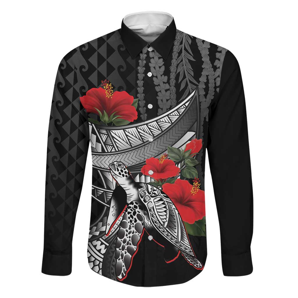 Hawaiian Honu Personalized Family Matching Off The Shoulder Long Sleeve Dress and Hawaiian Shirt Black Tribal Hook Pattern LT9 Dad's Shirt - Long Sleeve Black - Polynesian Pride