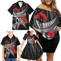 Hawaiian Honu Personalized Family Matching Off Shoulder Short Dress and Hawaiian Shirt Black Tribal Hook Pattern