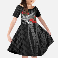 Hawaiian Honu Personalized Family Matching Short Sleeve Bodycon Dress and Hawaiian Shirt Black Tribal Hook Pattern LT9 Daughter's Dress Black - Polynesian Pride