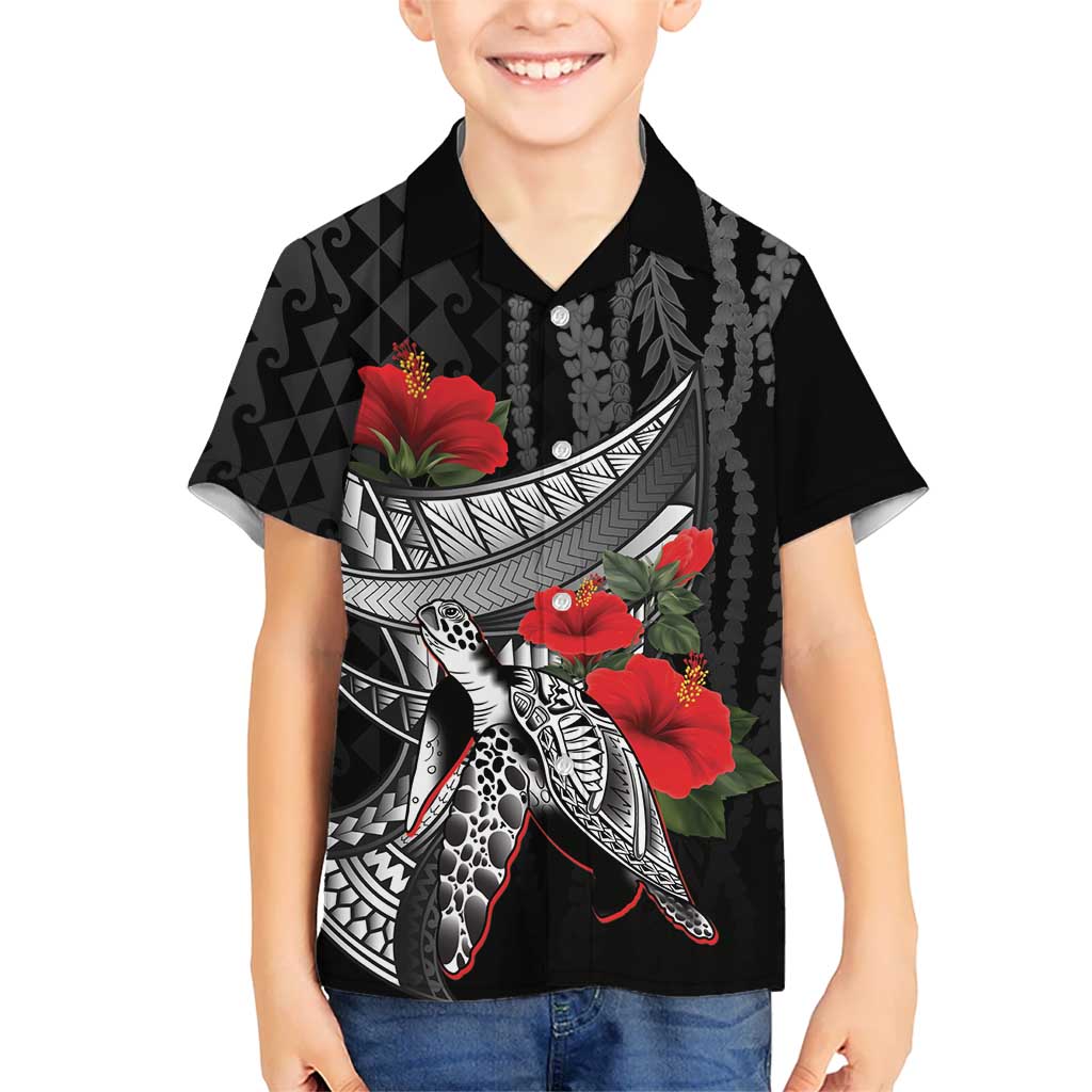 Hawaiian Honu Personalized Family Matching Short Sleeve Bodycon Dress and Hawaiian Shirt Black Tribal Hook Pattern LT9 Son's Shirt Black - Polynesian Pride