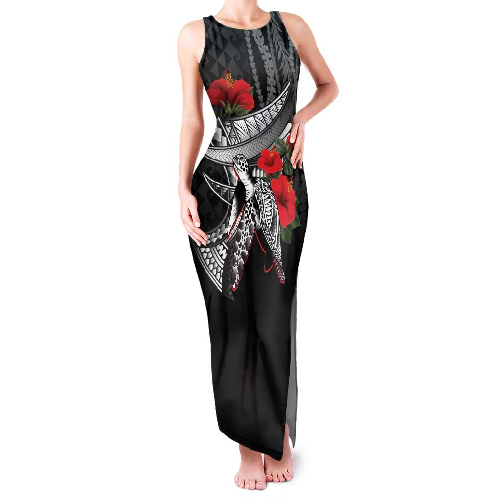 Hawaiian Honu Personalized Family Matching Tank Maxi Dress and Hawaiian Shirt Black Tribal Hook Pattern LT9 Mom's Dress Black - Polynesian Pride