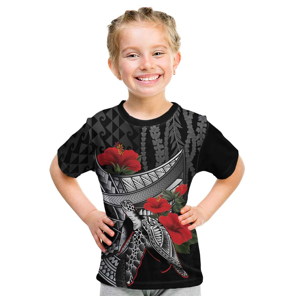 Hawaiian Honu Personalized Kid T Shirt Black Tribal Hook Pattern LT9 Black - Polynesian Pride