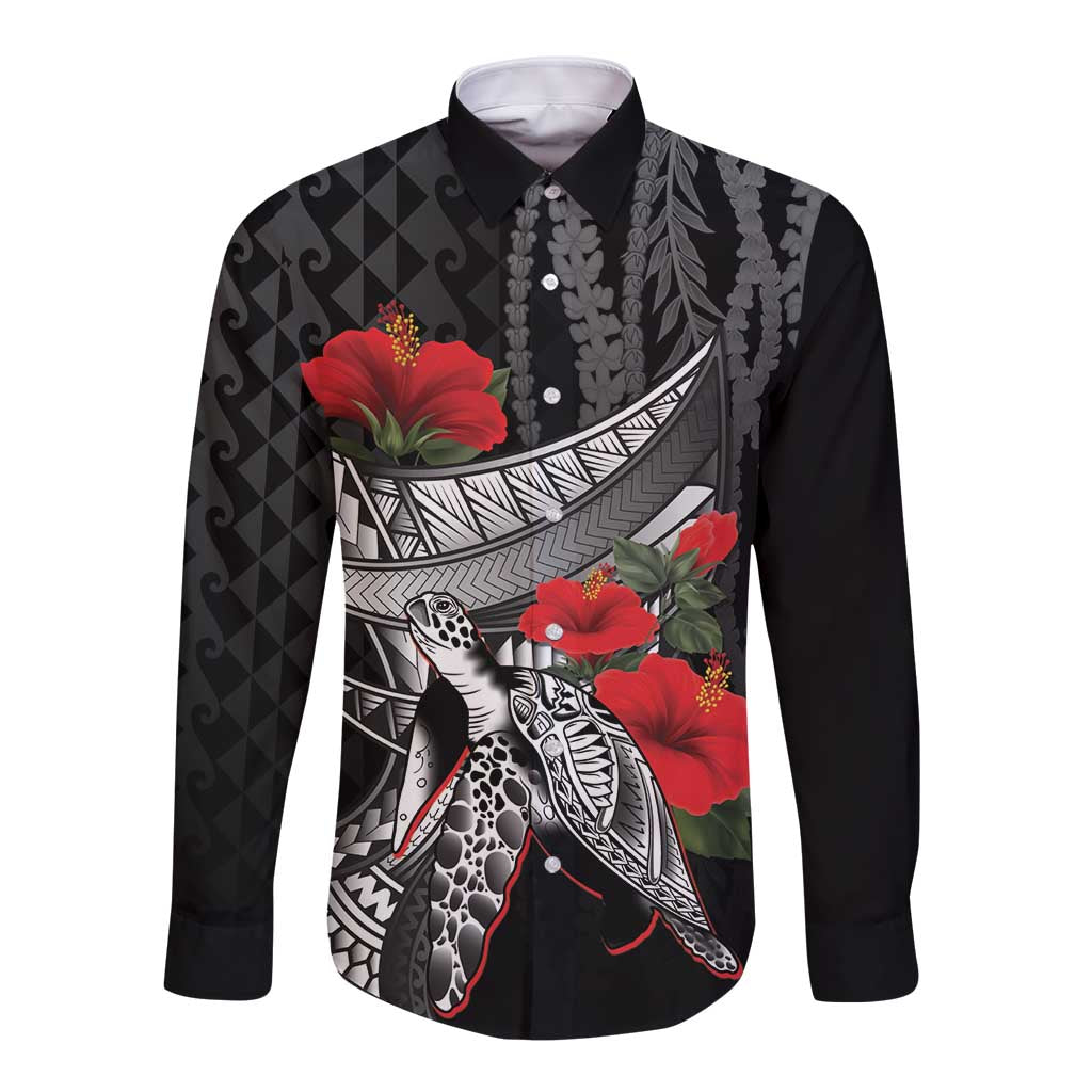Hawaiian Honu Personalized Long Sleeve Button Shirt Black Tribal Hook Pattern LT9 Unisex Black - Polynesian Pride