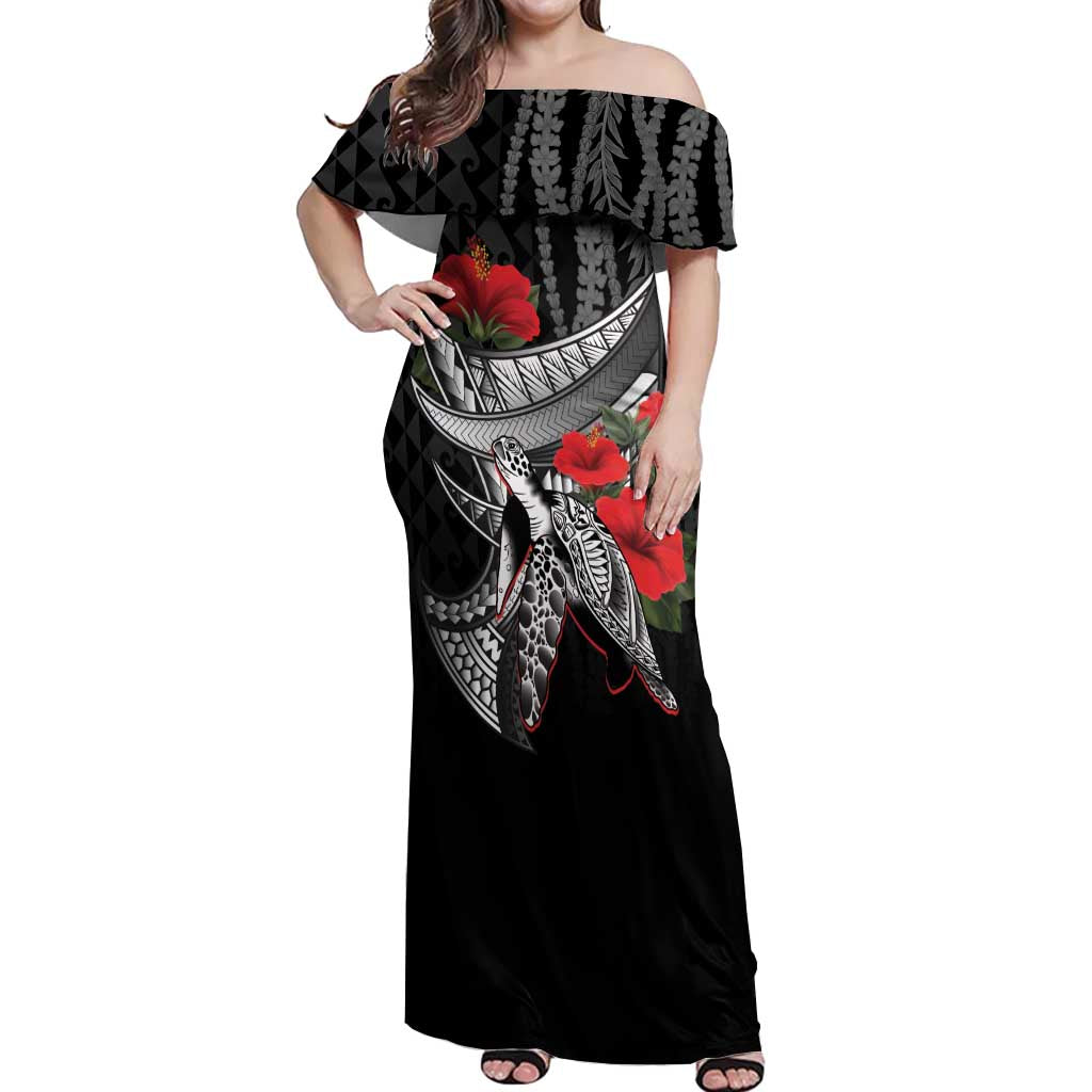 Hawaiian Honu Personalized Off Shoulder Maxi Dress Black Tribal Hook Pattern LT9 Women Black - Polynesian Pride