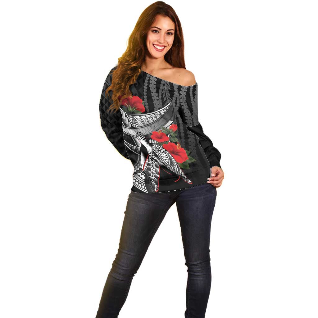 Hawaiian Honu Personalized Off Shoulder Sweater Black Tribal Hook Pattern