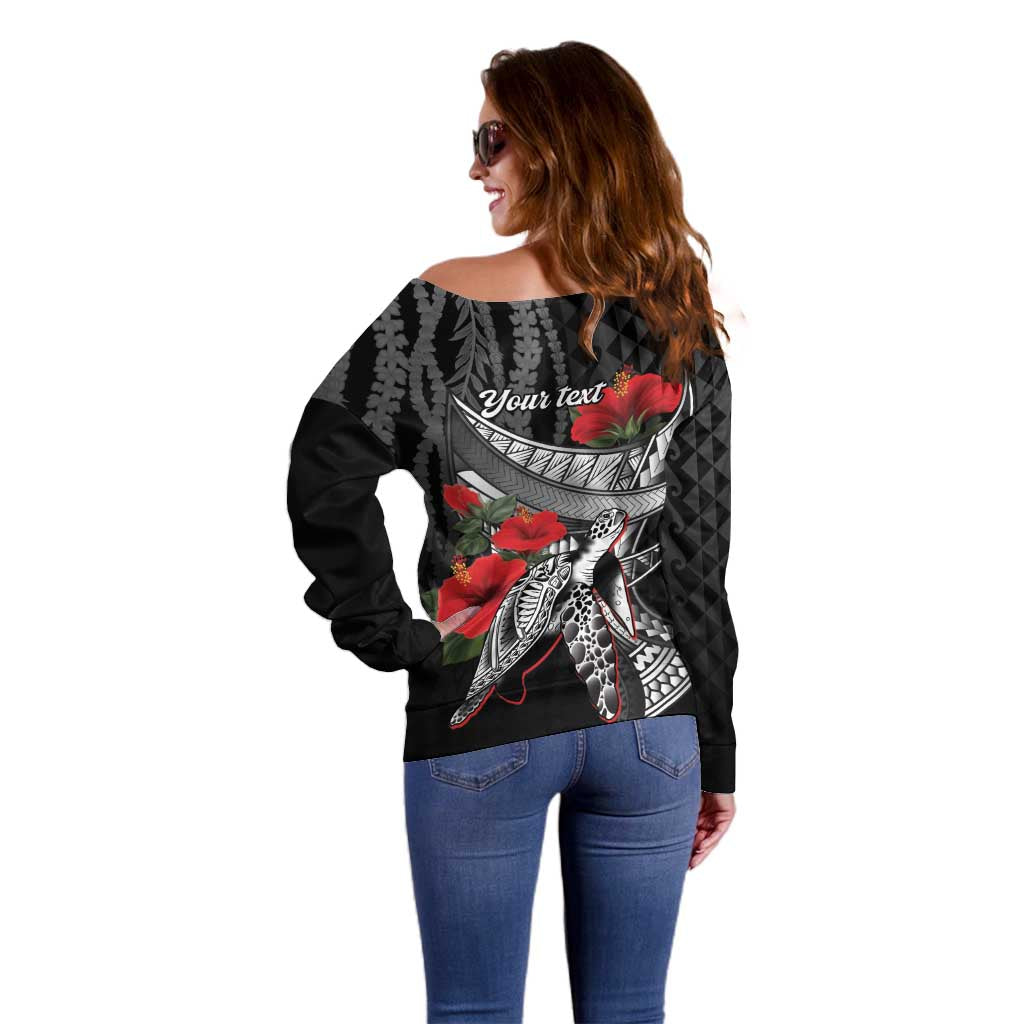 Hawaiian Honu Personalized Off Shoulder Sweater Black Tribal Hook Pattern