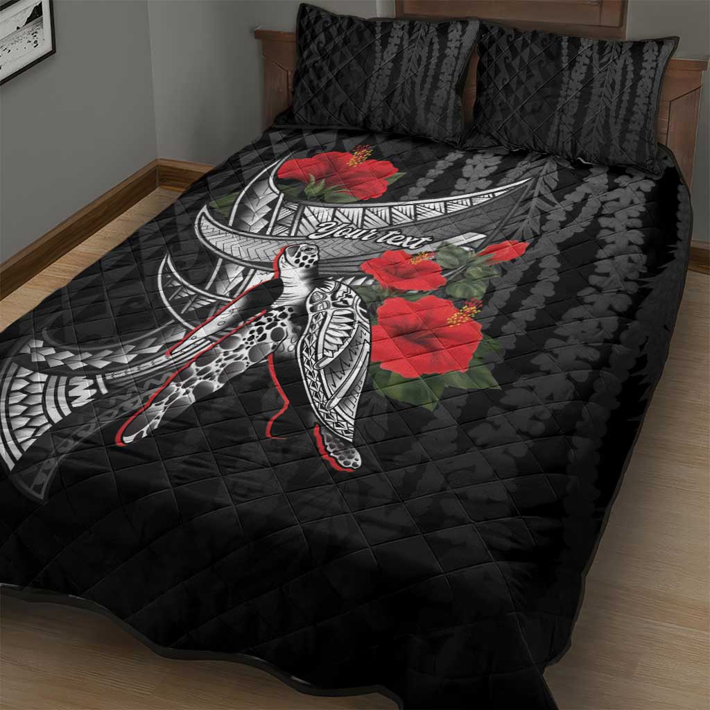 Hawaiian Honu Personalized Quilt Bed Set Black Tribal Hook Pattern