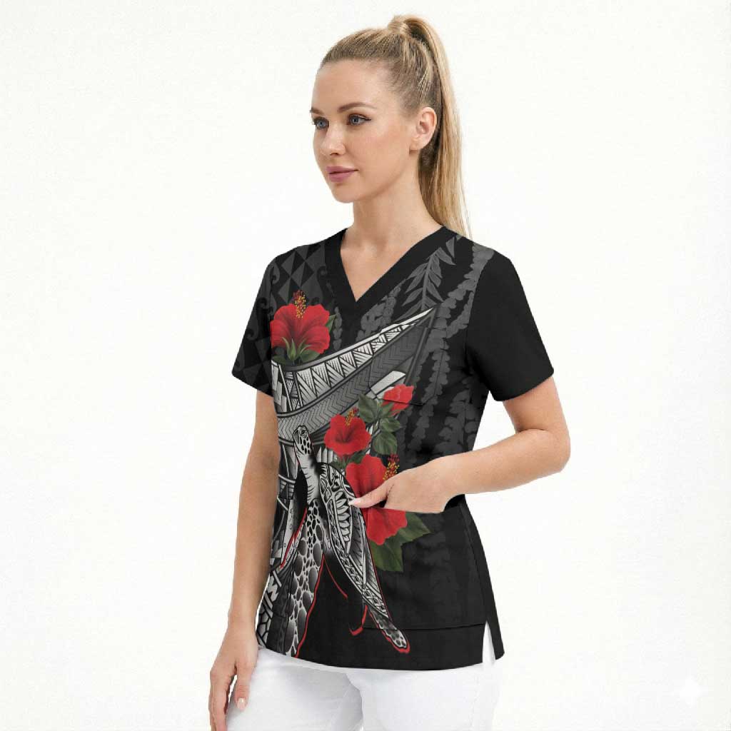 Hawaiian Honu Personalized Scrub Top Black Tribal Hook Pattern LT9 - Polynesian Pride