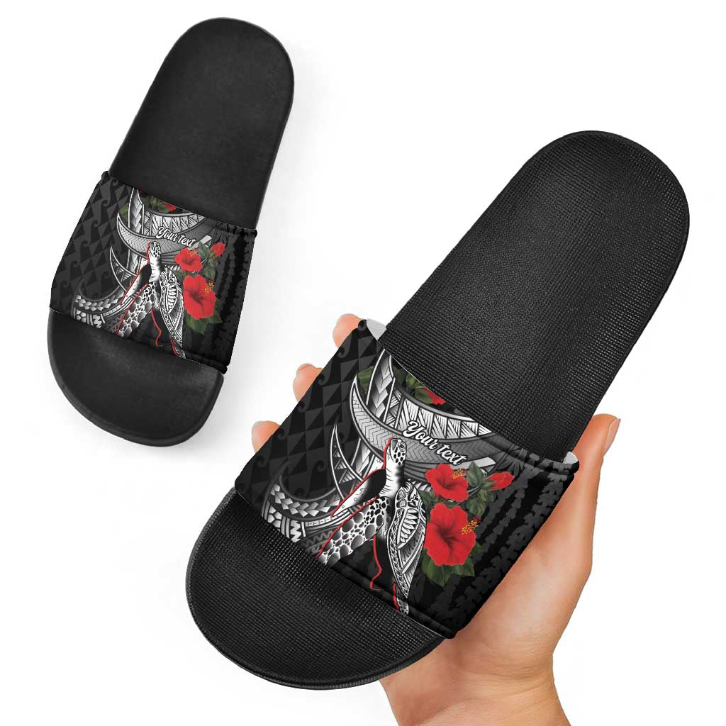 Hawaiian Honu Personalized Slide Sandals Black Tribal Hook Pattern LT9 - Polynesian Pride
