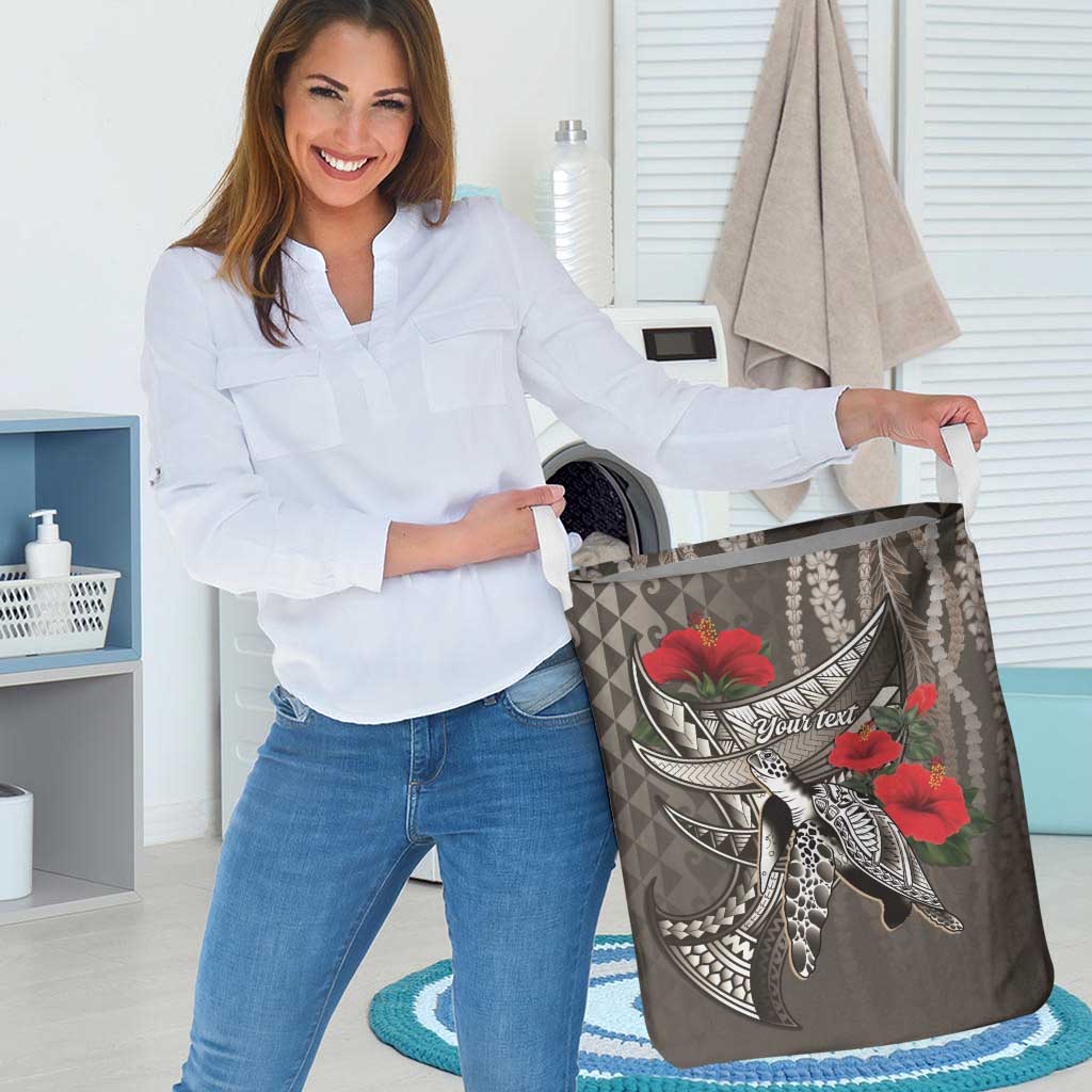 Hawaiian Honu Personalized Laundry Basket Mocha Mousse Hibiscus Tribal Hook Pattern