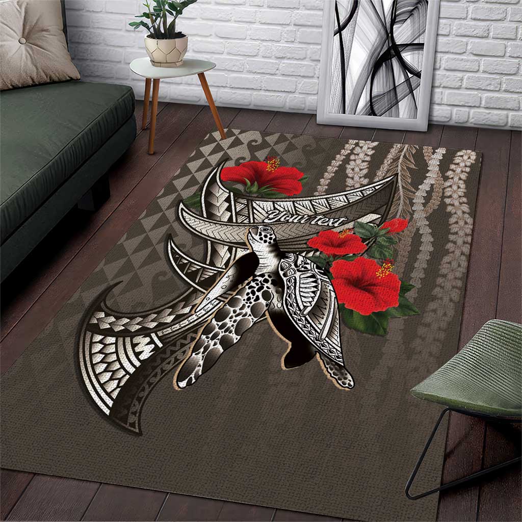 Hawaiian Honu Personalized Area Rug Mocha Mousse Hibiscus Tribal Hook Pattern LT9 Mocha - Polynesian Pride