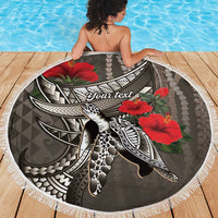 Hawaiian Honu Personalized Beach Blanket Mocha Mousse Hibiscus Tribal Hook Pattern