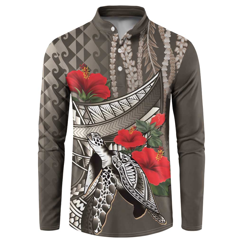 Hawaiian Honu Personalized Button Sweatshirt Mocha Mousse Hibiscus Tribal Hook Pattern