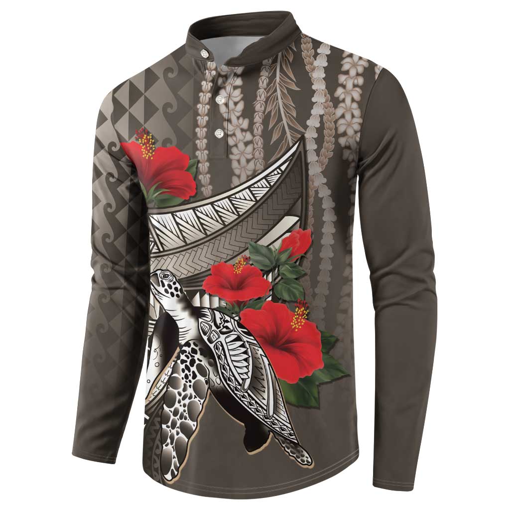 Hawaiian Honu Personalized Button Sweatshirt Mocha Mousse Hibiscus Tribal Hook Pattern