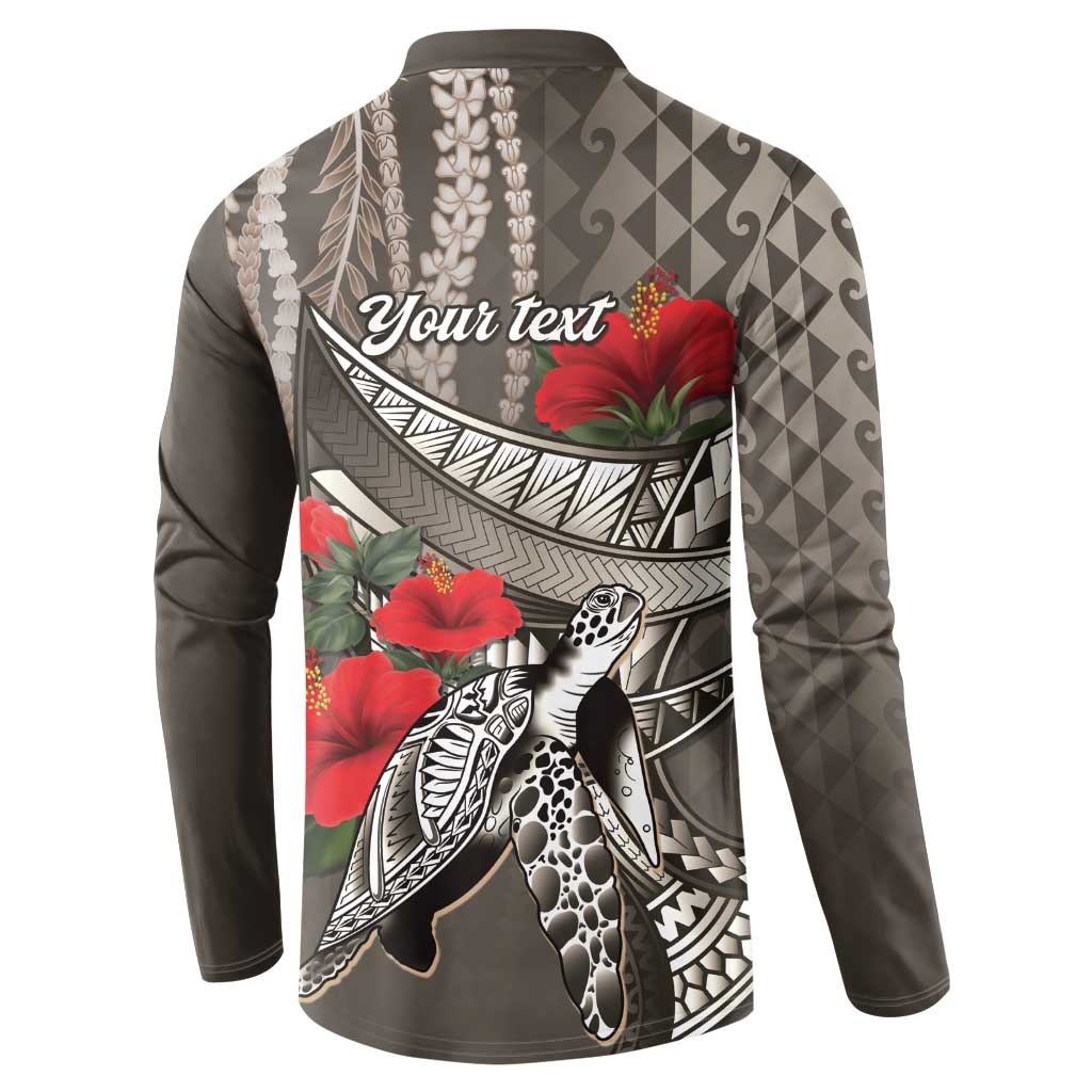 Hawaiian Honu Personalized Button Sweatshirt Mocha Mousse Hibiscus Tribal Hook Pattern