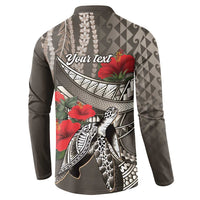 Hawaiian Honu Personalized Button Sweatshirt Mocha Mousse Hibiscus Tribal Hook Pattern