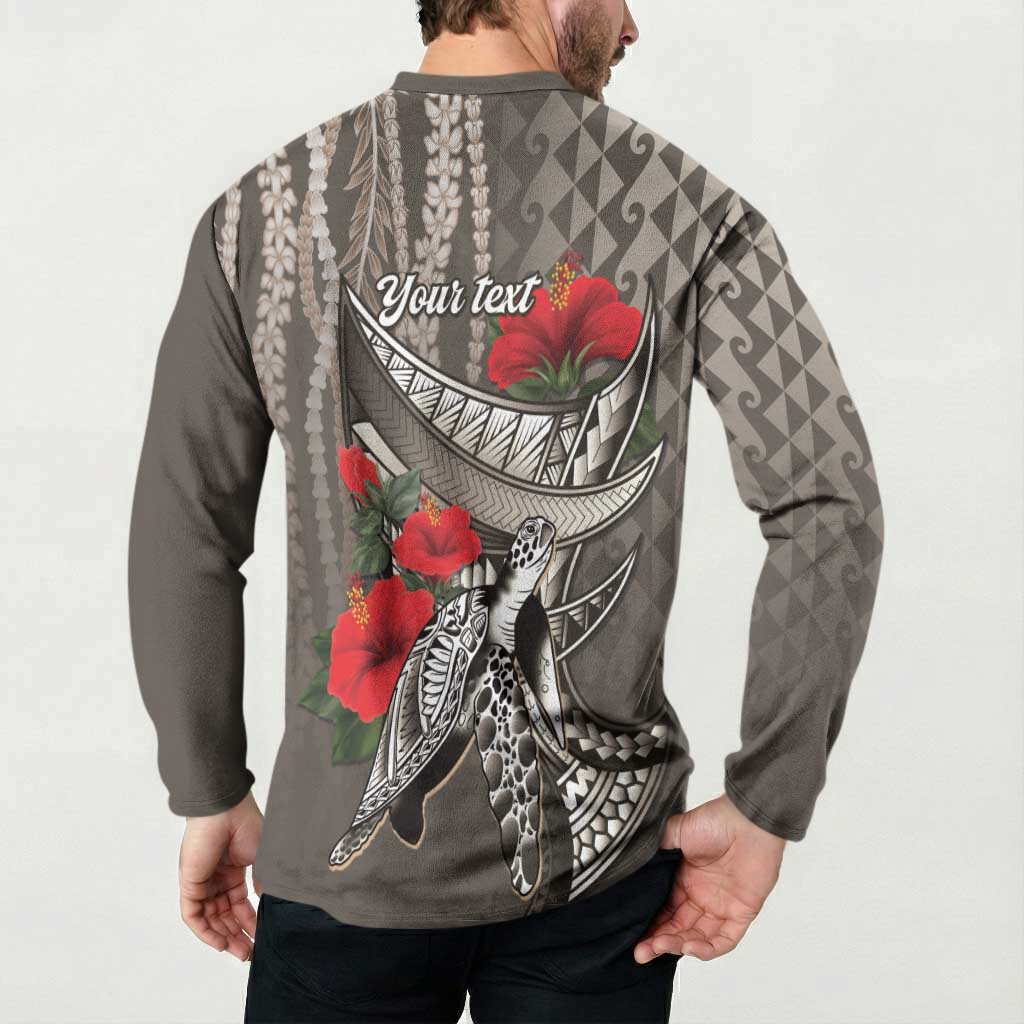 Hawaiian Honu Personalized Button Sweatshirt Mocha Mousse Hibiscus Tribal Hook Pattern