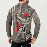 Hawaiian Honu Personalized Button Sweatshirt Mocha Mousse Hibiscus Tribal Hook Pattern