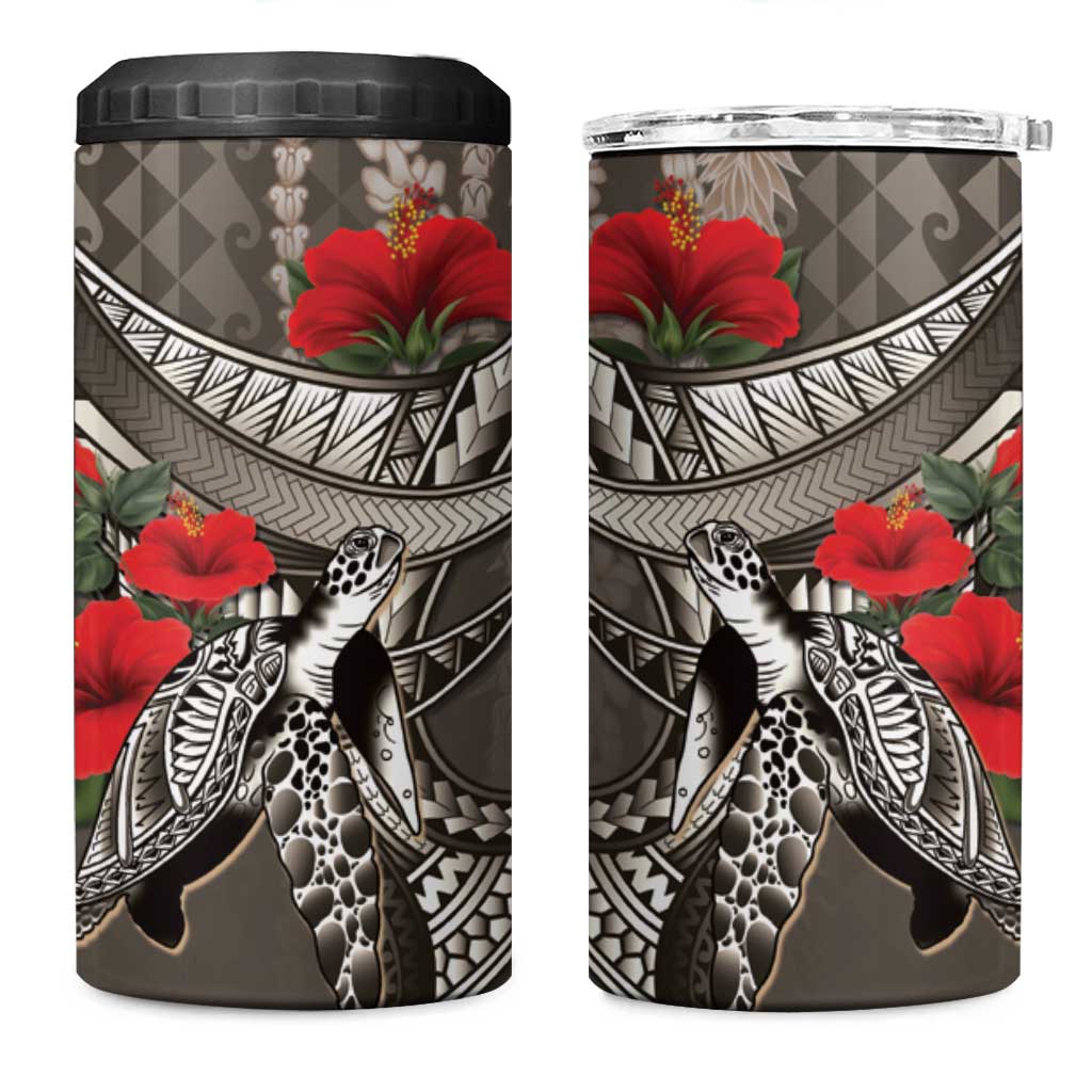 Hawaiian Honu Personalized 4 in 1 Can Cooler Tumbler Mocha Mousse Hibiscus Tribal Hook Pattern