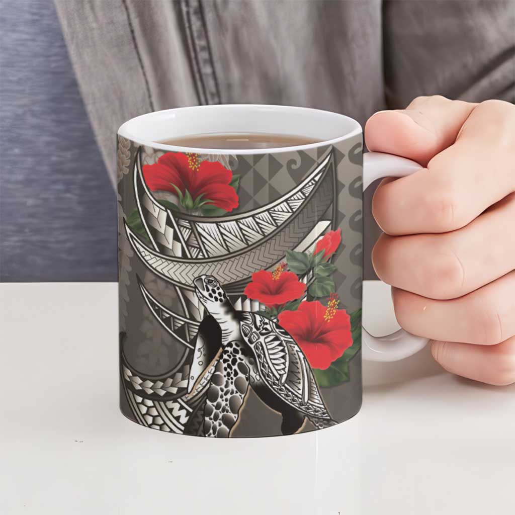 Hawaiian Honu Personalized Ceramic Mug Mocha Mousse Hibiscus Tribal Hook Pattern