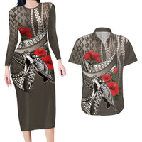 Hawaiian Honu Personalized Couples Matching Long Sleeve Bodycon Dress and Hawaiian Shirt Mocha Mousse Hibiscus Tribal Hook Pattern LT9 Mocha - Polynesian Pride